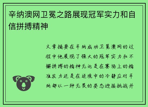 辛纳澳网卫冕之路展现冠军实力和自信拼搏精神